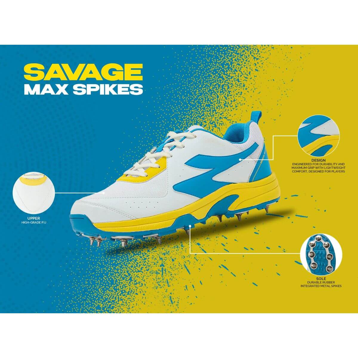 SG Savage Max Cricket Spikes (White/Yellow/Sky Blue) - Image 6